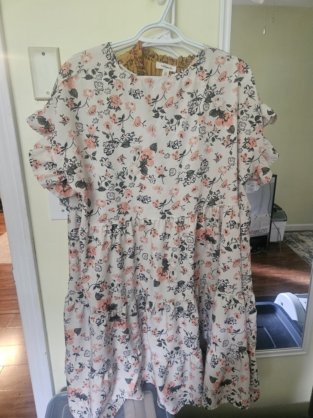 Cream Floral Tiered Dress with Pink and Gray Blossoms